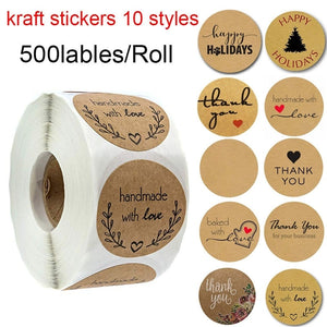 500 Labels per roll Round Natural Kraft Thank You Sticker seal labes Hand Made With Love Sticker Paper Stationery sticker